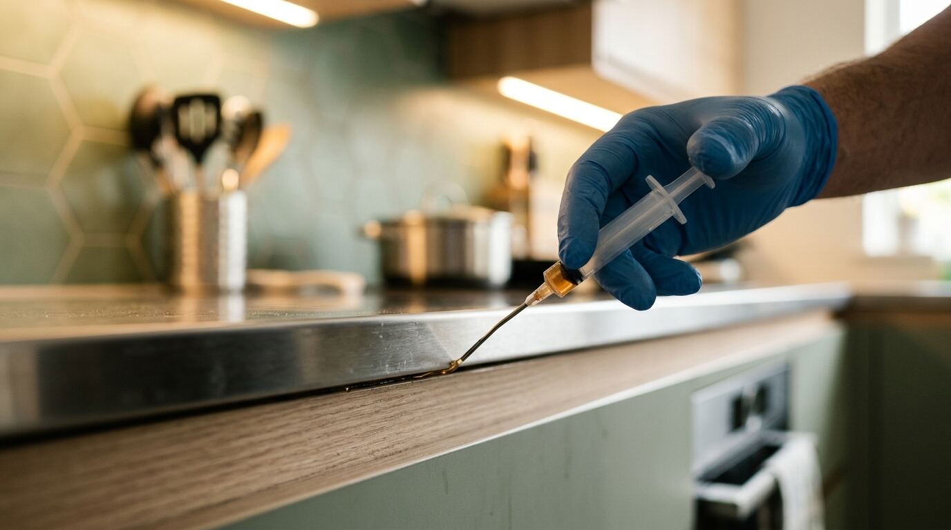 技术人员沿厨房橱柜底部缝隙精准施用蟑螂胶饵