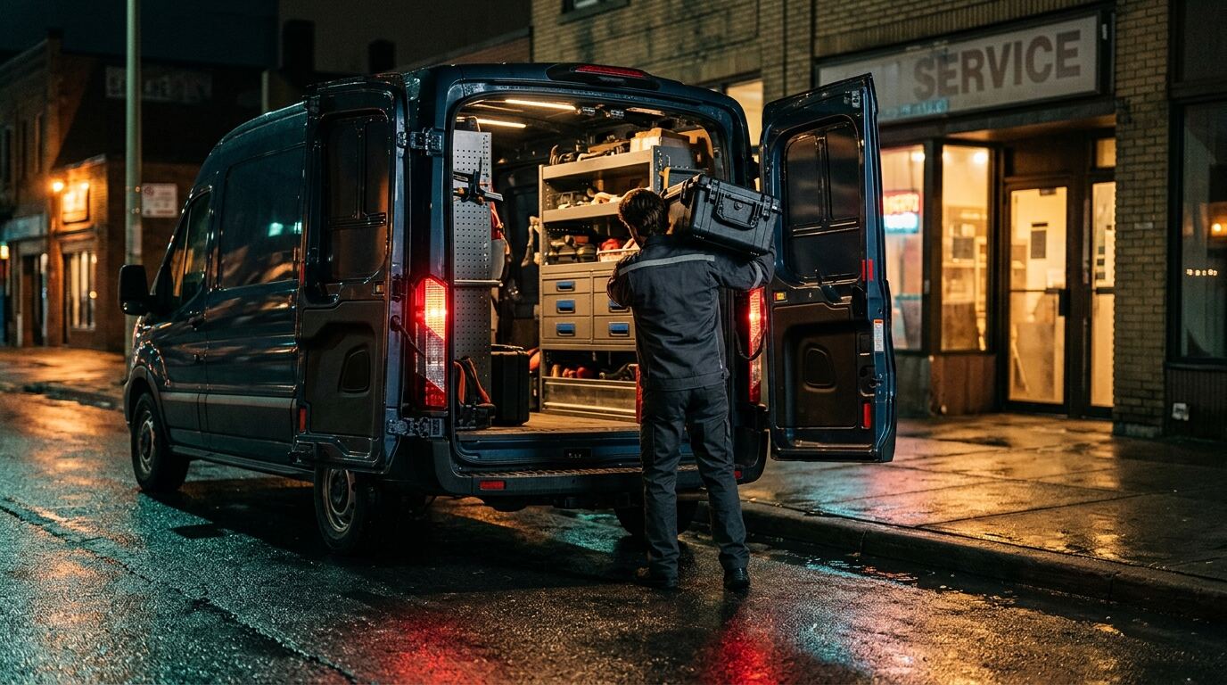 夜间在商铺门口从服务车取出工具箱准备紧急处理