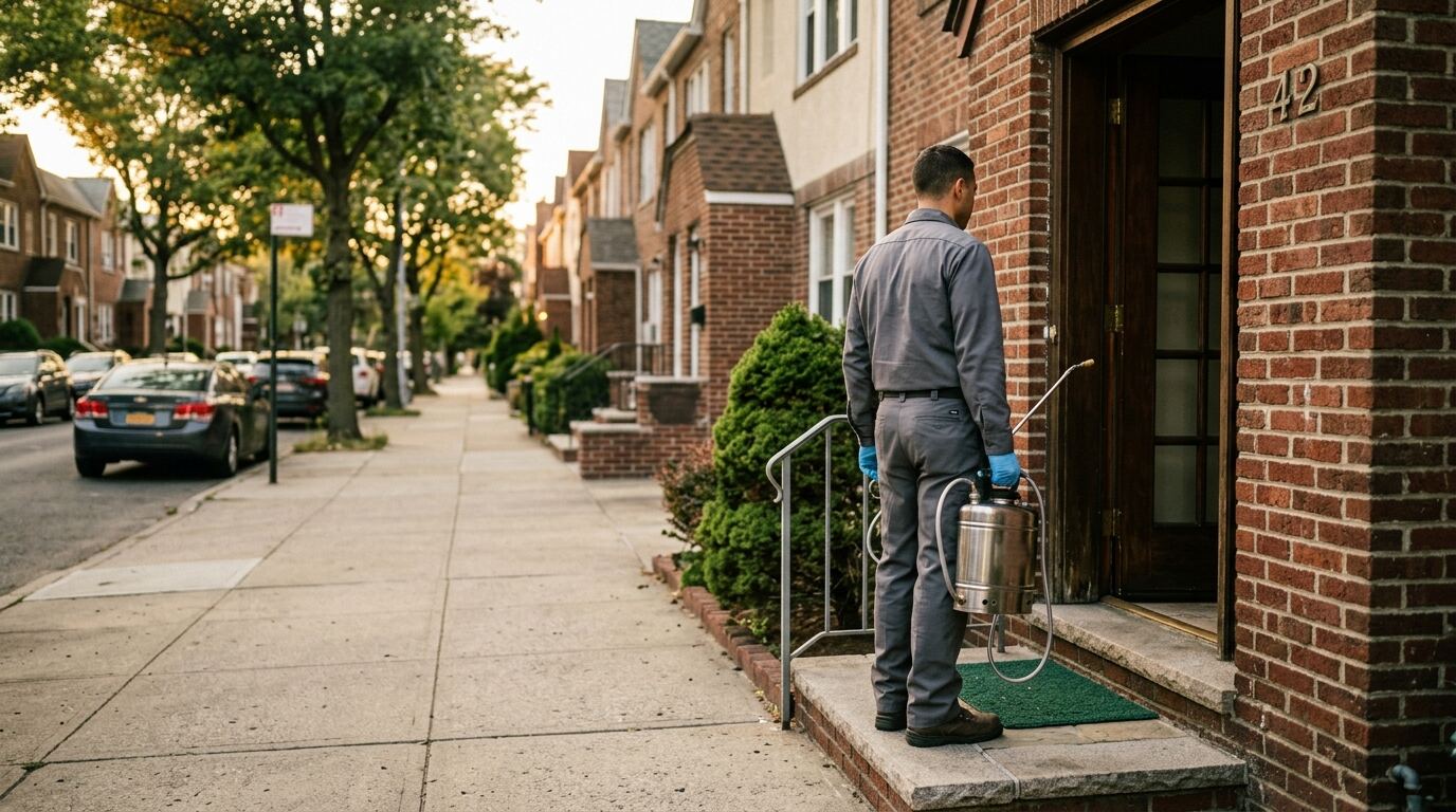 纽约华人杀虫公司技术人员在法拉盛住宅门口准备上门虫害检查